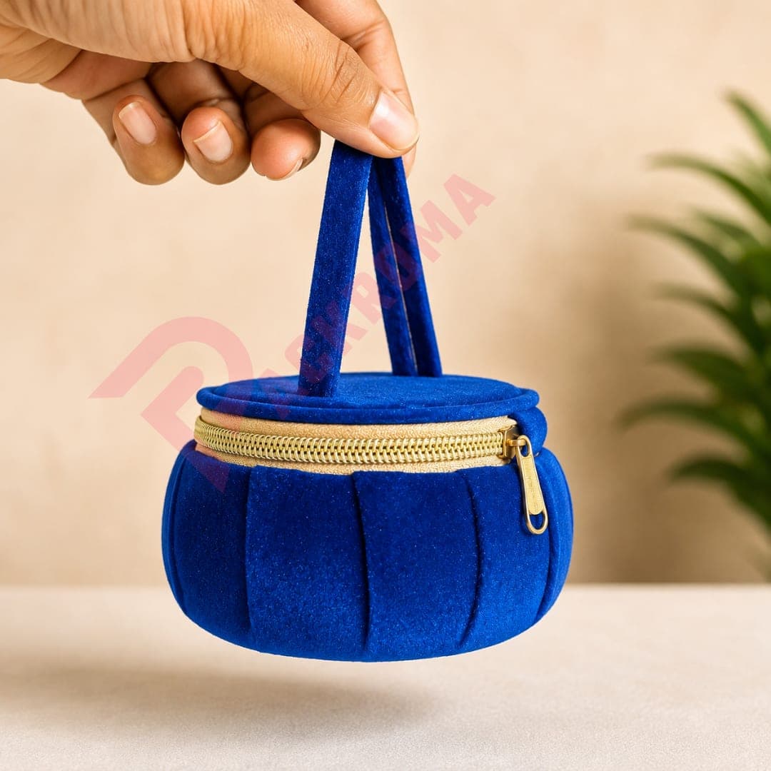 Round Velvet Jewelry Storage Box with Zipper & Carry Handle | Portable Jewelry Organizer thumbnail 3