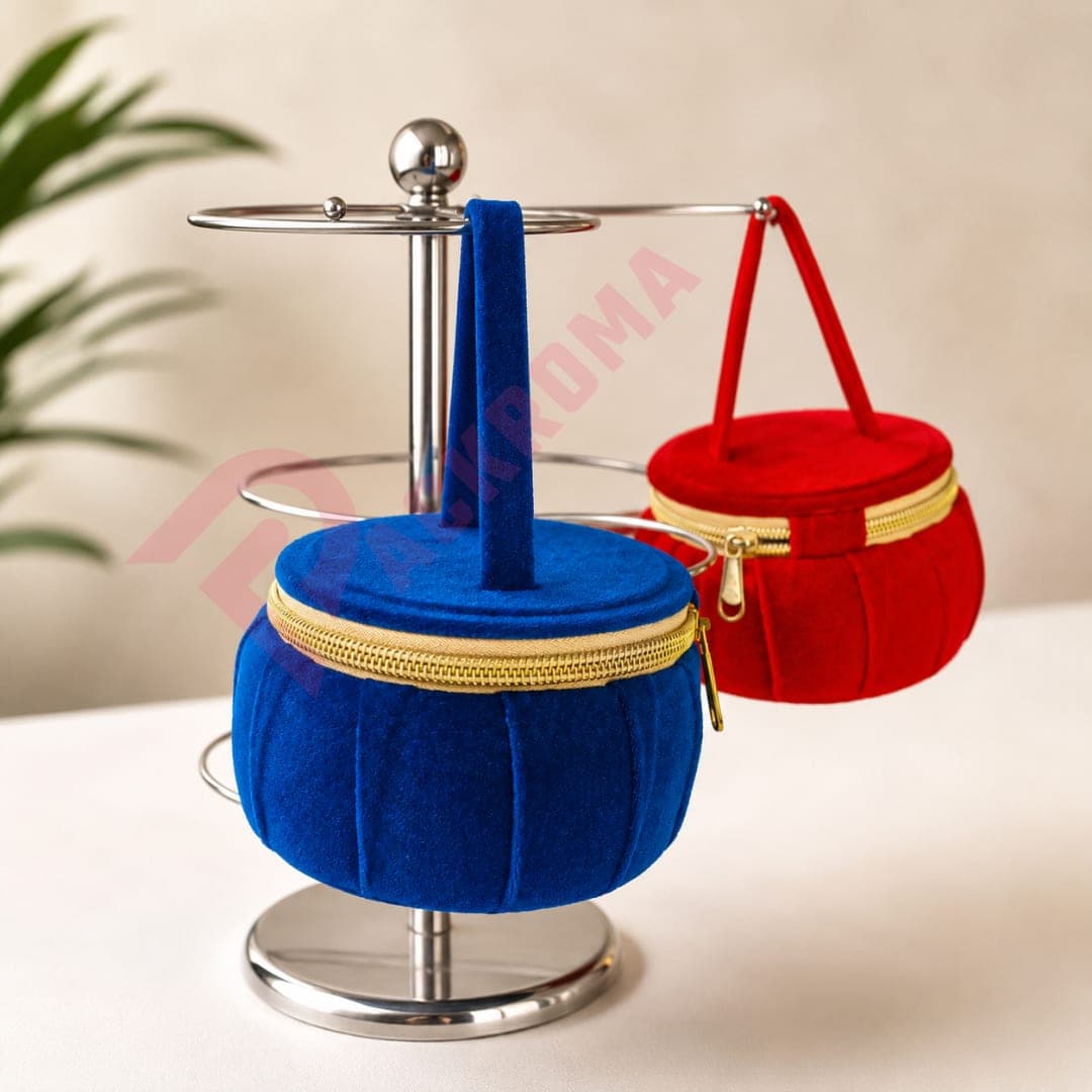 Round Velvet Jewelry Storage Box with Zipper & Carry Handle | Portable Jewelry Organizer