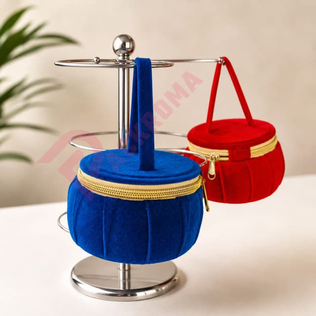 Round Velvet Jewelry Storage Box with Zipper & Carry Handle | Portable Jewelry Organizer