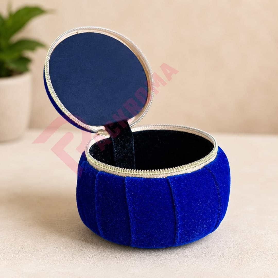 Round Velvet Jewelry Storage Box with Zipper & Carry Handle | Portable Jewelry Organizer thumbnail 2